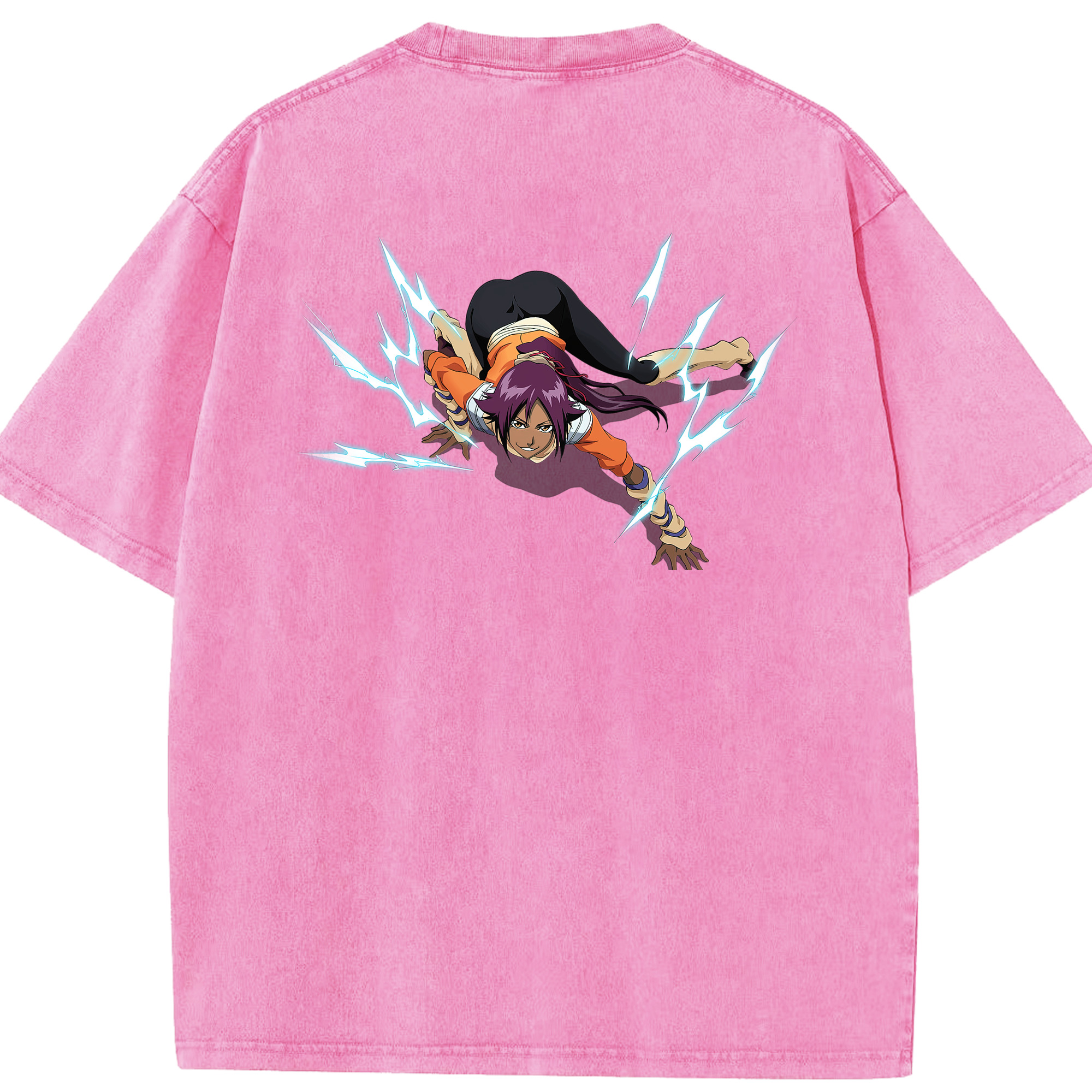 （画像用） ブリーチ 四楓院 夜一（しほういん よるいち） BLEACH Shihouin Yoruichi 綿100% ヴィンテージ風 半袖Tシャツ（背面プリント）